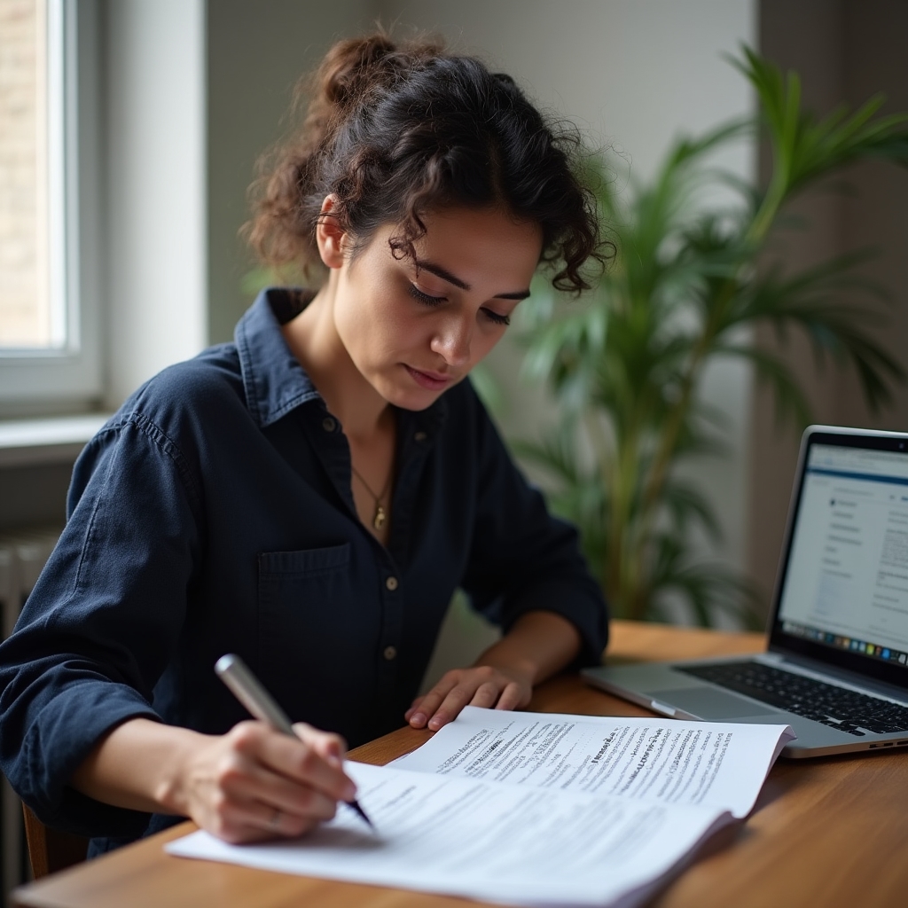 Person carefully reading a Polish rental agreement document at a desk