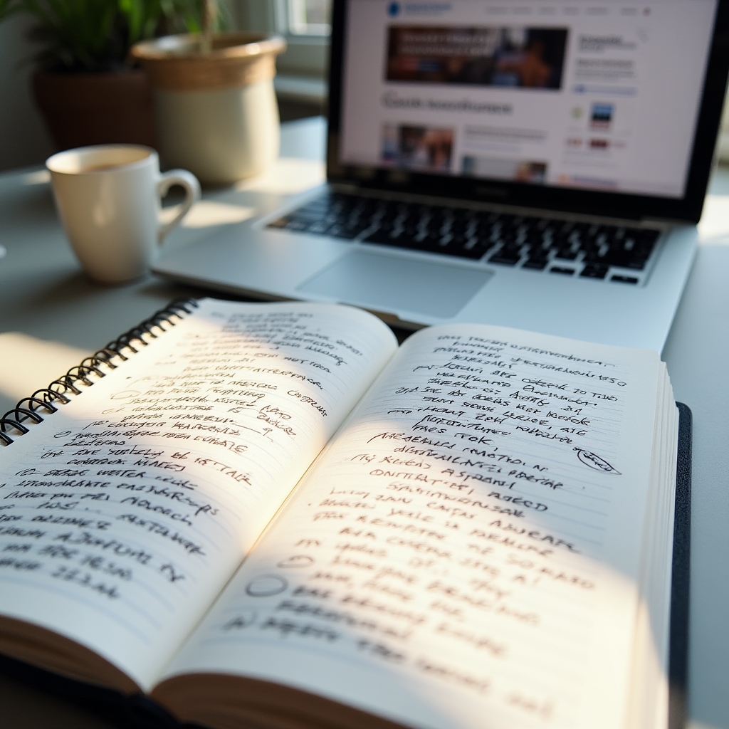 Open notebook with handwritten research notes on Polish rental terminology alongside a laptop